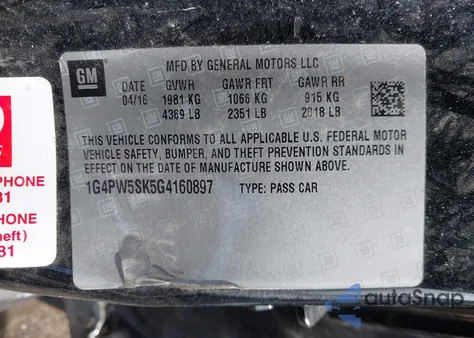 2016 Buick Verano Sport Touring Group z USA, uszkodzony, nr VIN 1G4PW5SK5G4160897